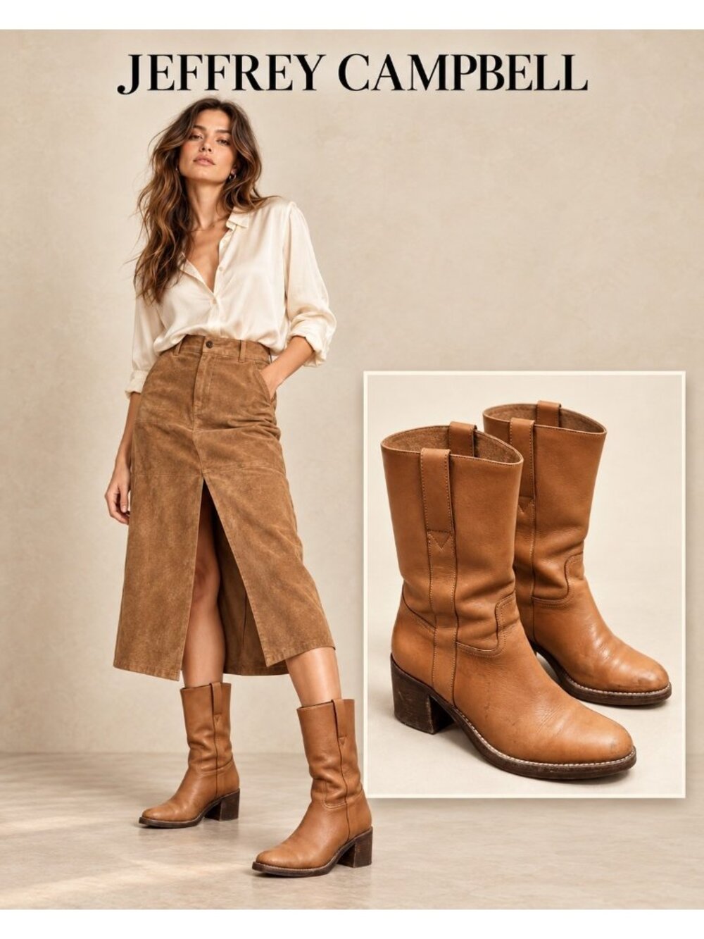 Jeffrey Campbell 8.5 Cognac Leather Mid Calf Pull On Western Boots